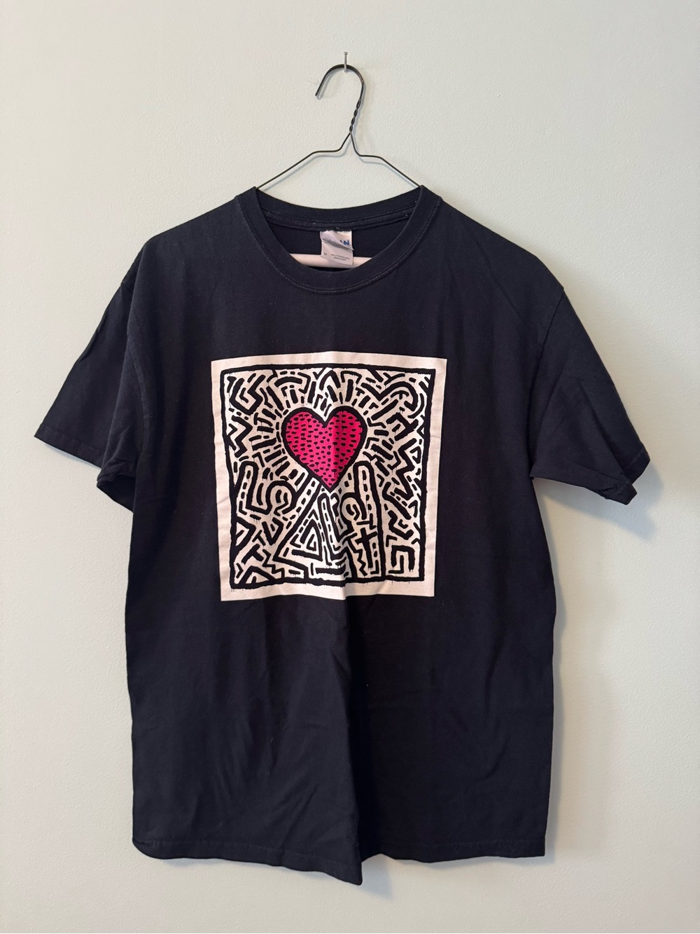 Gildan Black Keith Haring T-Shirt with White/ Pink Design